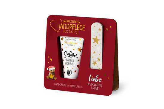 Naturkosmetik Handpflege-Set Liebe Weihnachtsgrüße mit Bär-Motiv, roter Aufsteller, Handcreme + Nagelfeile – Geschenk für Dich