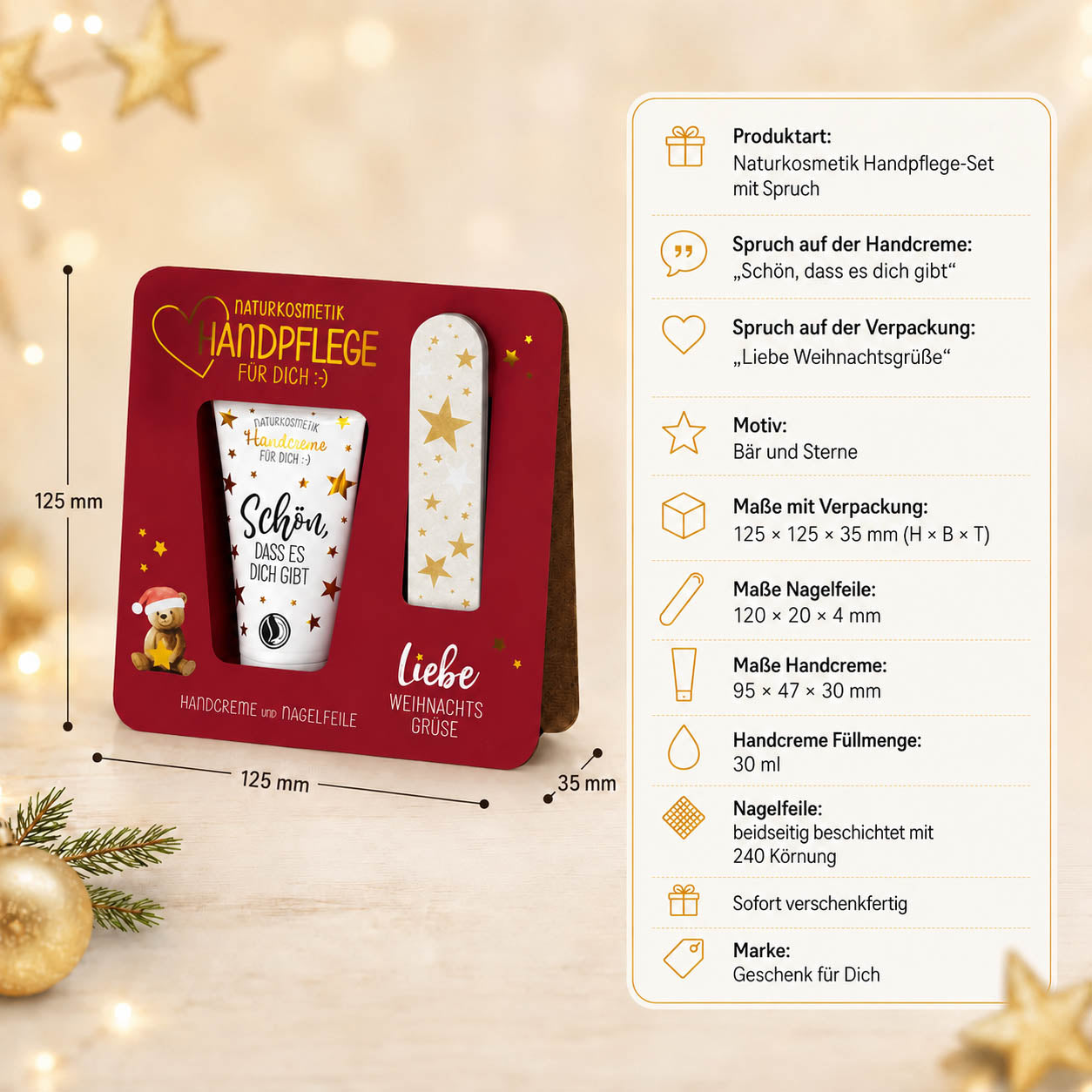 Handpflege-Set Liebe Weihnachtsgrüße Bär – Produkthighlights, Handcreme 30 ml + Nagelfeile 240 Körnung, vegan