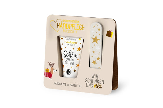 Naturkosmetik Handpflege-Set Wir schenken uns nix mit Dackel-Motiv, cremefarbener Aufsteller, Handcreme + Nagelfeile – Geschenk für Dich