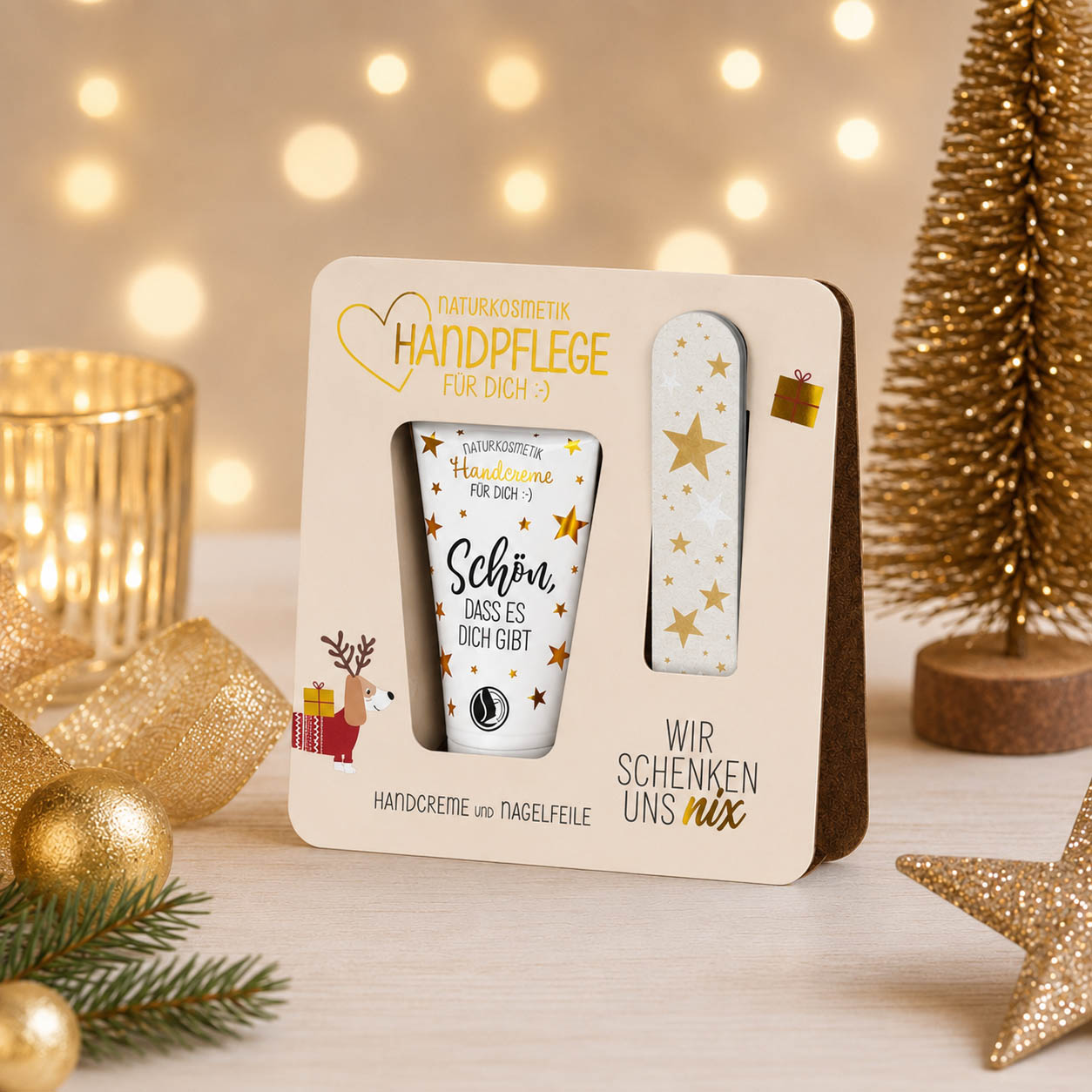 Handpflege-Set Wir schenken uns nix Dackel stimmungsvoll mit Weihnachtsdeko – Geschenk für Dich