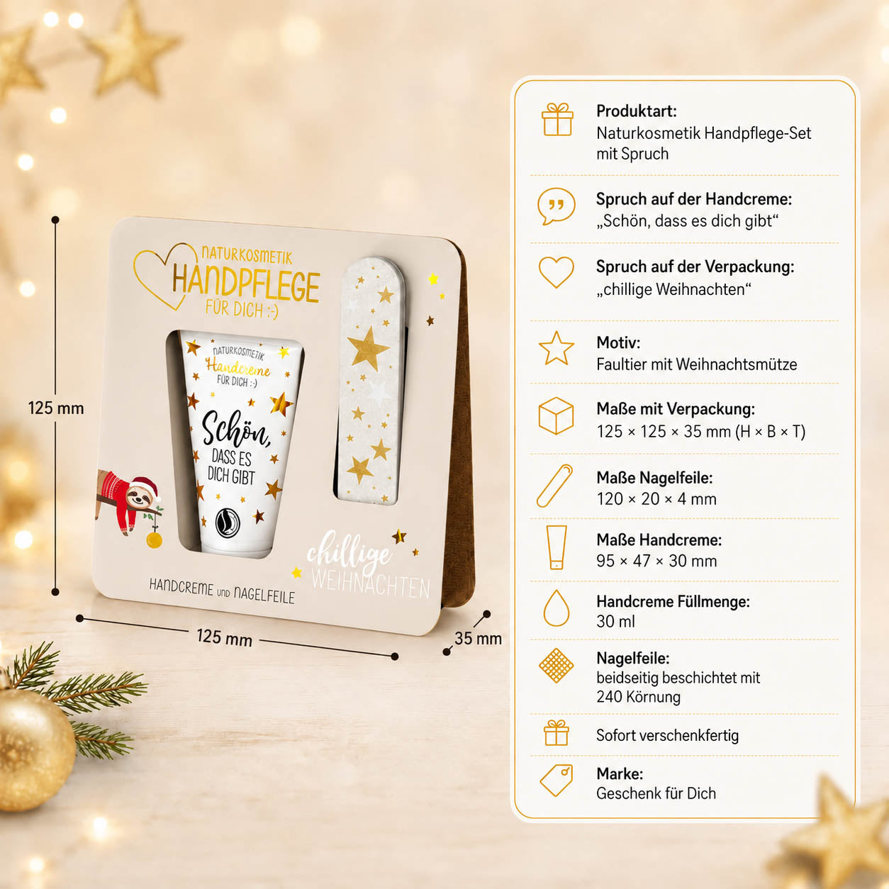 Handpflege-Set chillige Weihnachten Faultier – Produkthighlights, Handcreme 30 ml + Nagelfeile 240 Körnung, vegan