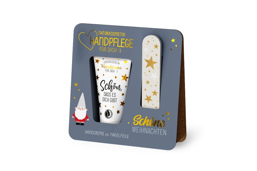 Naturkosmetik Handpflege-Set Schöne Weihnachten mit Wichtel-Motiv, blaugrauer Aufsteller, Handcreme + Nagelfeile – Geschenk für Dich