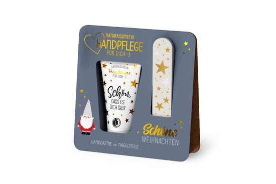 Naturkosmetik Handpflege-Set Schöne Weihnachten mit Wichtel-Motiv, blaugrauer Aufsteller, Handcreme + Nagelfeile – Geschenk für Dich