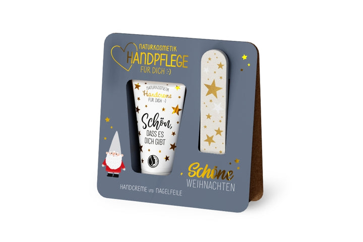 Naturkosmetik Handpflege-Set Schöne Weihnachten mit Wichtel-Motiv, blaugrauer Aufsteller, Handcreme + Nagelfeile – Geschenk für Dich