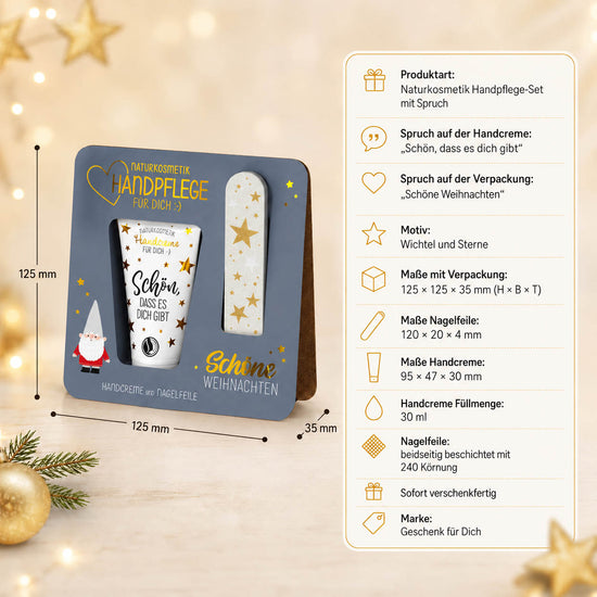 Handpflege-Set Schöne Weihnachten Wichtel – Produkthighlights, Handcreme 30 ml + Nagelfeile 240 Körnung, vegan