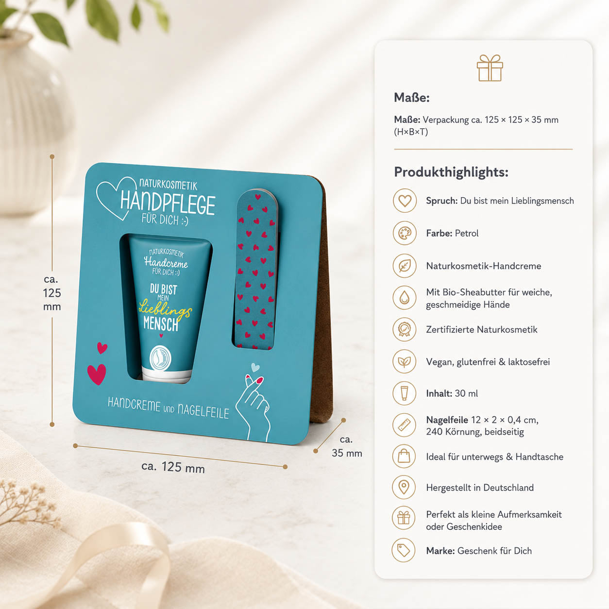 Handpflege-Set Du bist mein Lieblingsmensch Petrol – Produktdetails & Maße