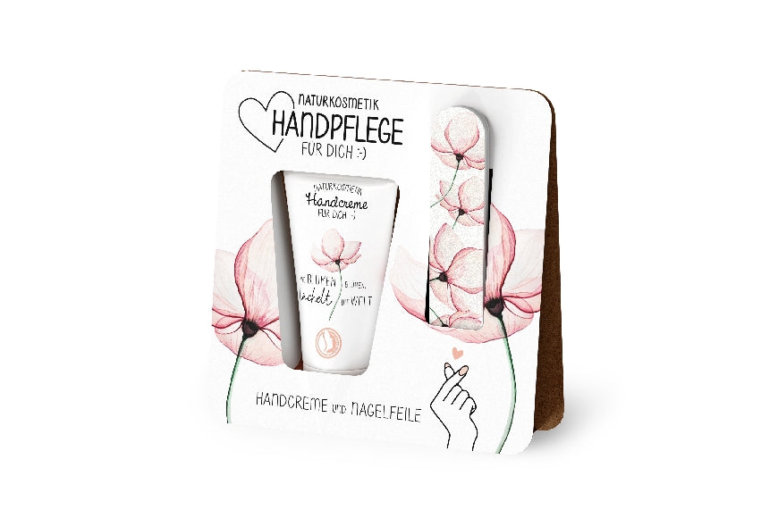119593 Naturkosmetik Handpflegeset Handcreme mit Nagelfeile Wo Blumen blhen, lchelt die Welt von Geschenk fr Dich