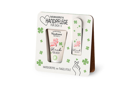 Handpflegeset mit Handcreme & Nagelfeile mit Aufschrift Glück für Dich & Glücksschwein Motiv von Geschenk für Dich