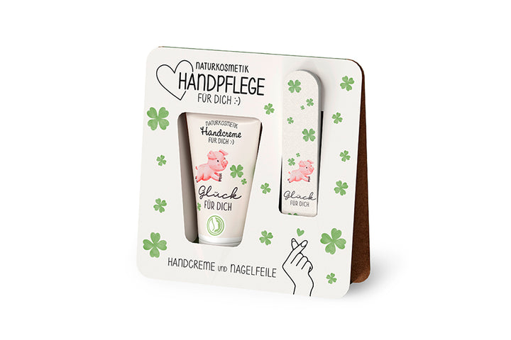 Handpflegeset mit Handcreme & Nagelfeile mit Aufschrift Glück für Dich & Glücksschwein Motiv von Geschenk für Dich