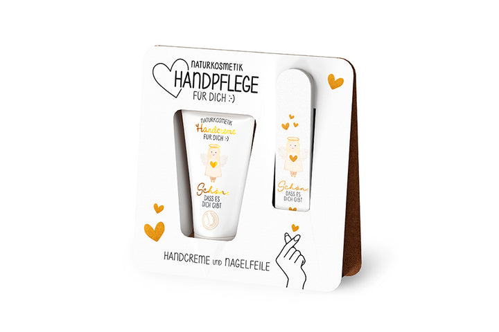 Handpflegeset mit Handcreme & Nagelfeile im Engel-Design & Aufschrift Schön, dass es Dich gib von Geschenk für Dich