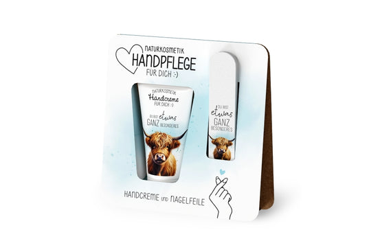 Handpflege-Set „Du bist etwas ganz Besonderes“ – vegane Naturkosmetik-Handcreme 40 ml mit Bio-Sheabutter + Nagelfeile mit 240 Körnung. Motiv Hochlandrind