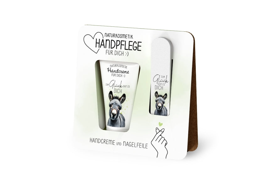 Handpflege-Set „Zum Glück gibt es Dich“ – vegane Naturkosmetik-Handcreme 30 ml mit Bio-Sheabutter & Nagelfeile (240 Körnung) im liebevollen Esel-Design