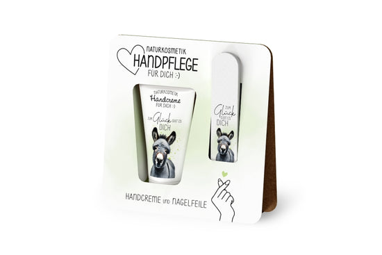 Handpflege-Set „Zum Glück gibt es Dich“ – vegane Naturkosmetik-Handcreme 30 ml mit Bio-Sheabutter & Nagelfeile (240 Körnung) im liebevollen Esel-Design