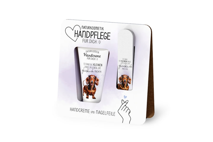 Handpflege-Set mit Spruch „Es sind die kleinen Dinge im Leben, die uns glücklich machen" Naturkosmetik-Handcreme (30ml) mit Bio-Sheabutter + Nagelfeile (240 Körnung). Süßes Dackel-Motiv