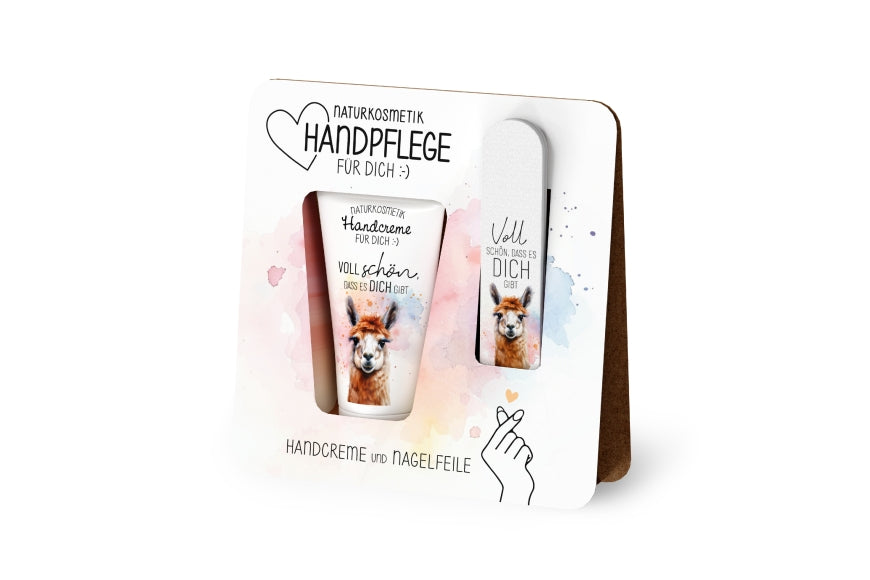 Handpflege-Set mit Alpaka Motiv und Spruch „Voll schön, dass es Dich gibt“ Vegane Naturkosmetik-Handcreme (30 ml) mit Bio-Sheabutter + Nagelfeile (240 Körnung).