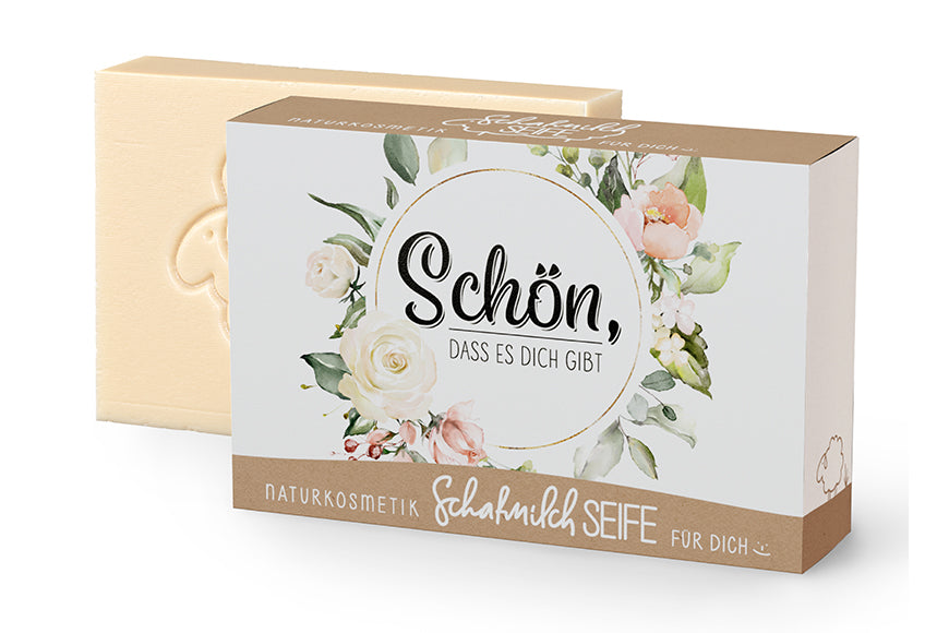 Saling Geschenkset Schafmilchseife „Schön, Dass Es Dich Gibt“ – 100 G Mit Rosenblüten, Optional Mit Karte