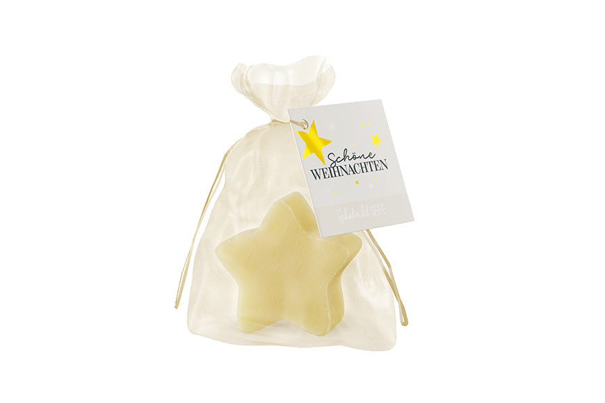 Schafmilchseife Stern »Schöne Weihnachten« – cremefarbener Stern im Organza-Säckchen, Weihnachtskarte