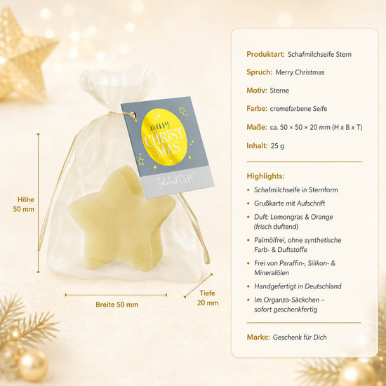 Schafmilchseife Stern »Merry Christmas« – Produkt-Highlights, Lemongras & Orange, palmölfrei