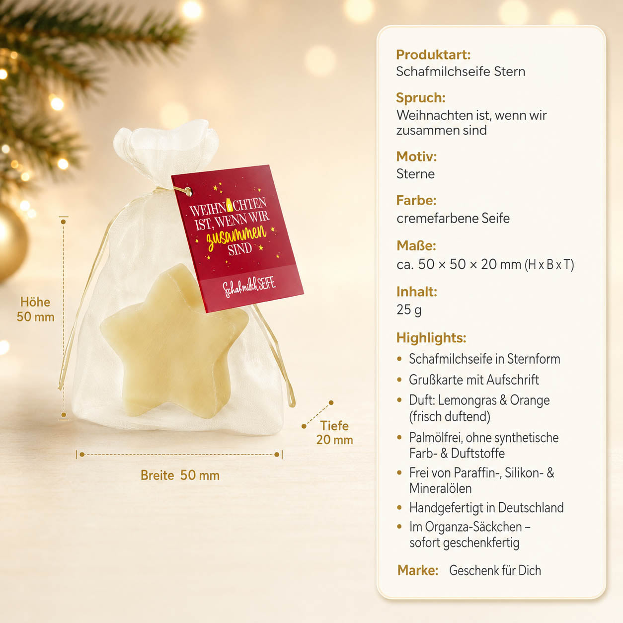 Schafmilchseife Stern »Weihnachten ist, wenn wir zusammen sind« – Produkt-Highlights, Lemongras & Orange, palmölfrei