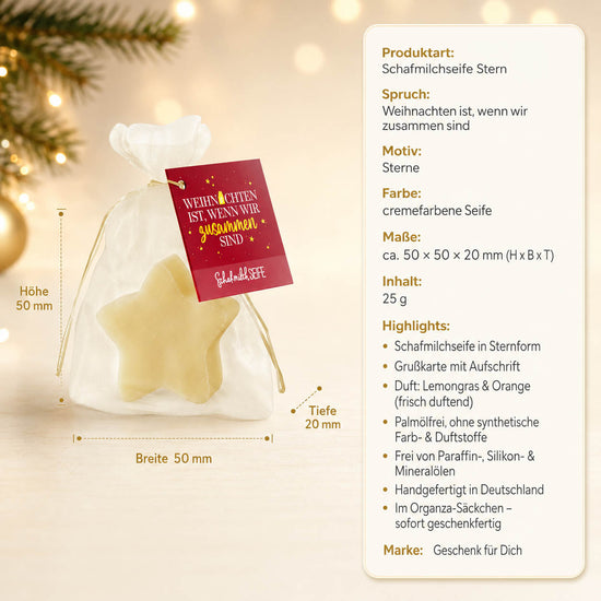 Schafmilchseife Stern »Weihnachten ist, wenn wir zusammen sind« – Produkt-Highlights, Lemongras & Orange, palmölfrei