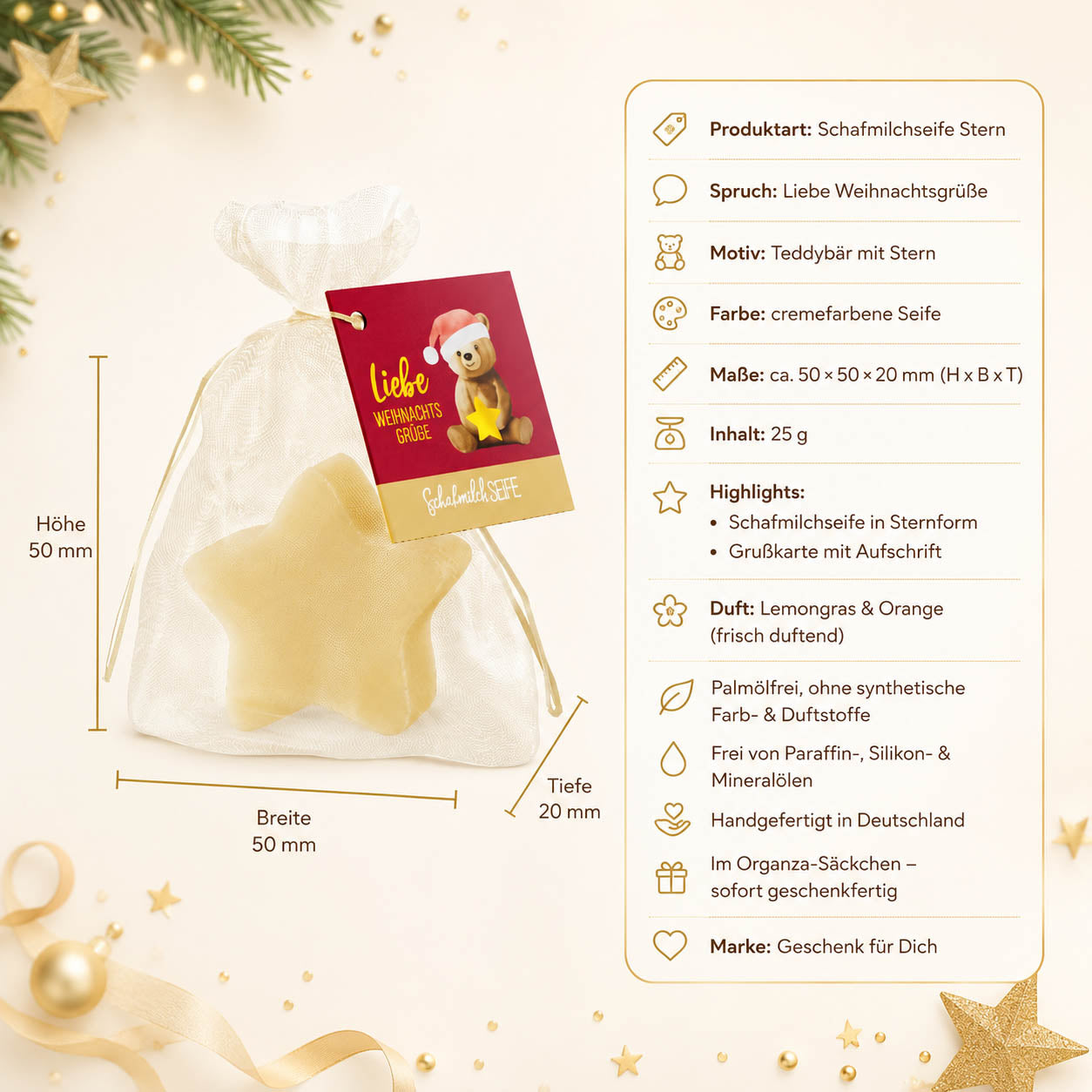 Schafmilchseife Stern »Liebe Weihnachtsgrüße« – Produkt-Highlights, Lemongras & Orange, palmölfrei