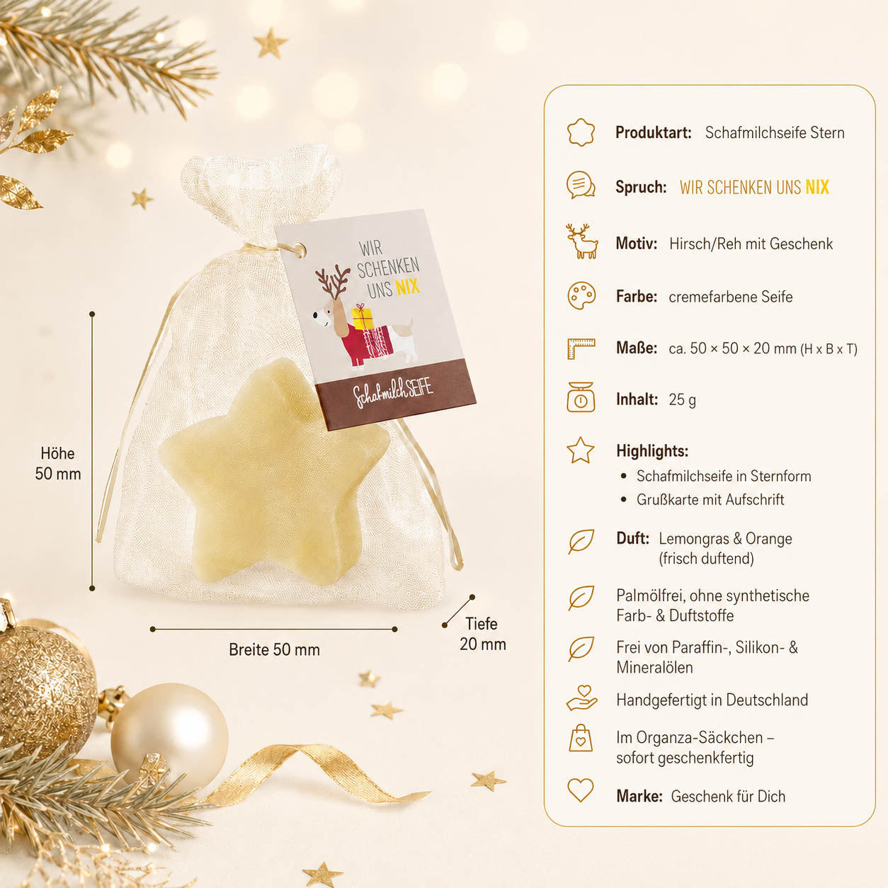 Schafmilchseife Stern »Wir schenken uns nix« – Produkt-Highlights, Lemongras & Orange, palmölfrei