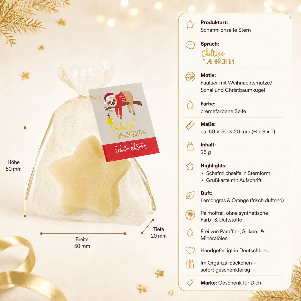 Schafmilchseife Stern »Chillige Weihnachten« – Produkt-Highlights, Lemongras & Orange, palmölfrei