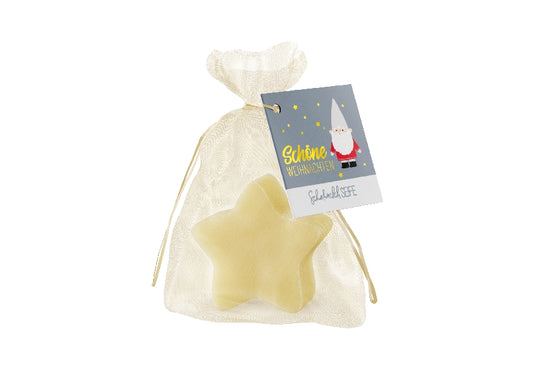 Handgemachte Schafmilchseife in Sternform von Geschenk für Dich, im Organza-Säckchen mit Grußkarte „Schöne Weihnachten“ und Weihnachts-Zwerg-Motiv
