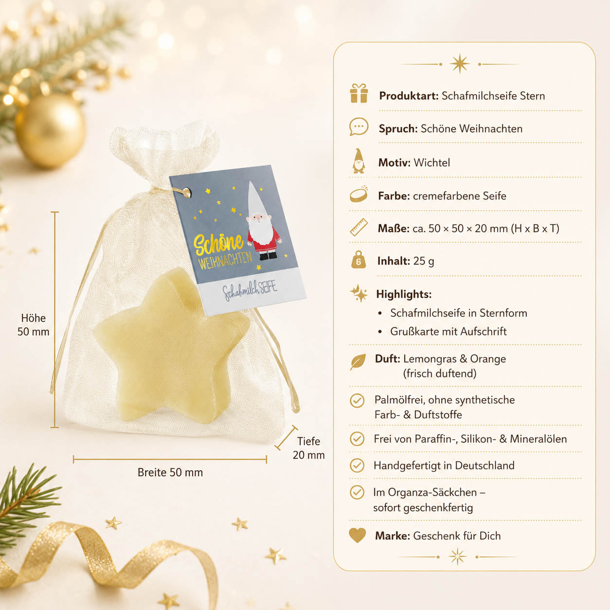Schafmilchseife Stern »Schöne Weihnachten« Wichtel – Produkt-Highlights, Lemongras & Orange, palmölfrei