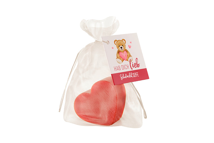 Schafmilchseife Herz »Hab dich lieb« – korallrosa Herz im Organza-Säckchen, Teddybär-Karte