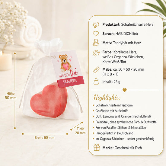 Schafmilchseife Herz »Hab dich lieb« – Produkt-Highlights, Lemongras & Orange, palmölfrei