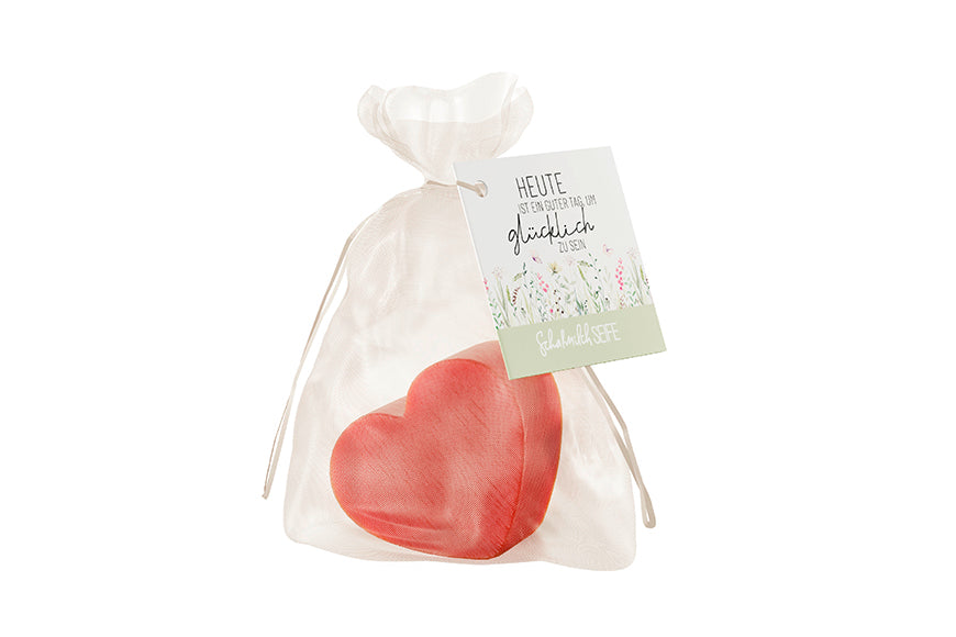 Schafmilchseife Herz »Heute ist ein guter Tag, um glücklich zu sein« – korallrosa Herz im Organza-Säckchen, Wiesenblumen-Karte