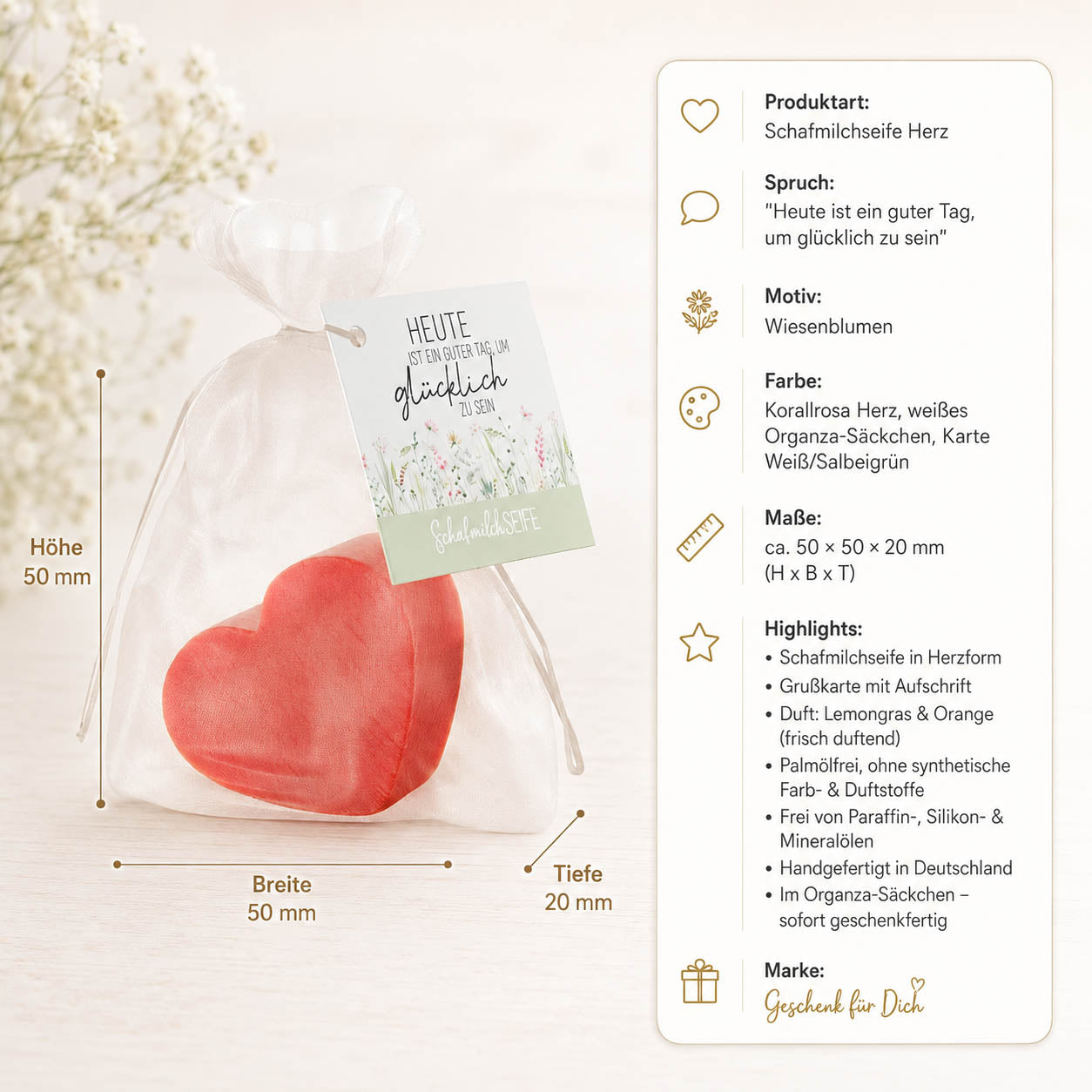 Schafmilchseife Herz »Heute ist ein guter Tag« – Produkt-Highlights, Lemongras & Orange, palmölfrei