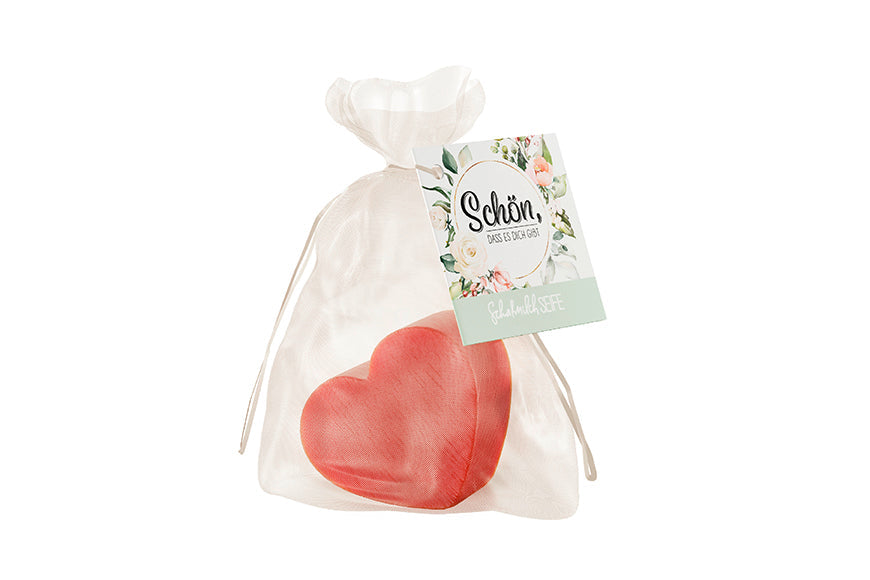 Schafmilchseife Herz »Schön, dass es dich gibt« – korallrosa Herz im Organza-Säckchen, Blumenkranz-Karte