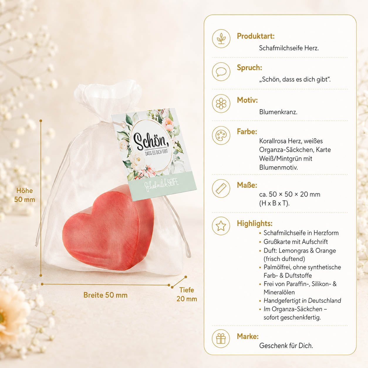 Schafmilchseife Herz »Schön, dass es dich gibt« – Produkt-Highlights, Lemongras & Orange, palmölfrei
