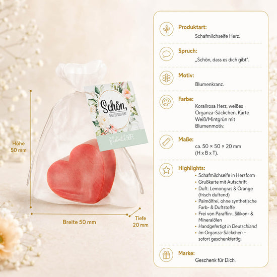Schafmilchseife Herz »Schön, dass es dich gibt« – Produkt-Highlights, Lemongras & Orange, palmölfrei