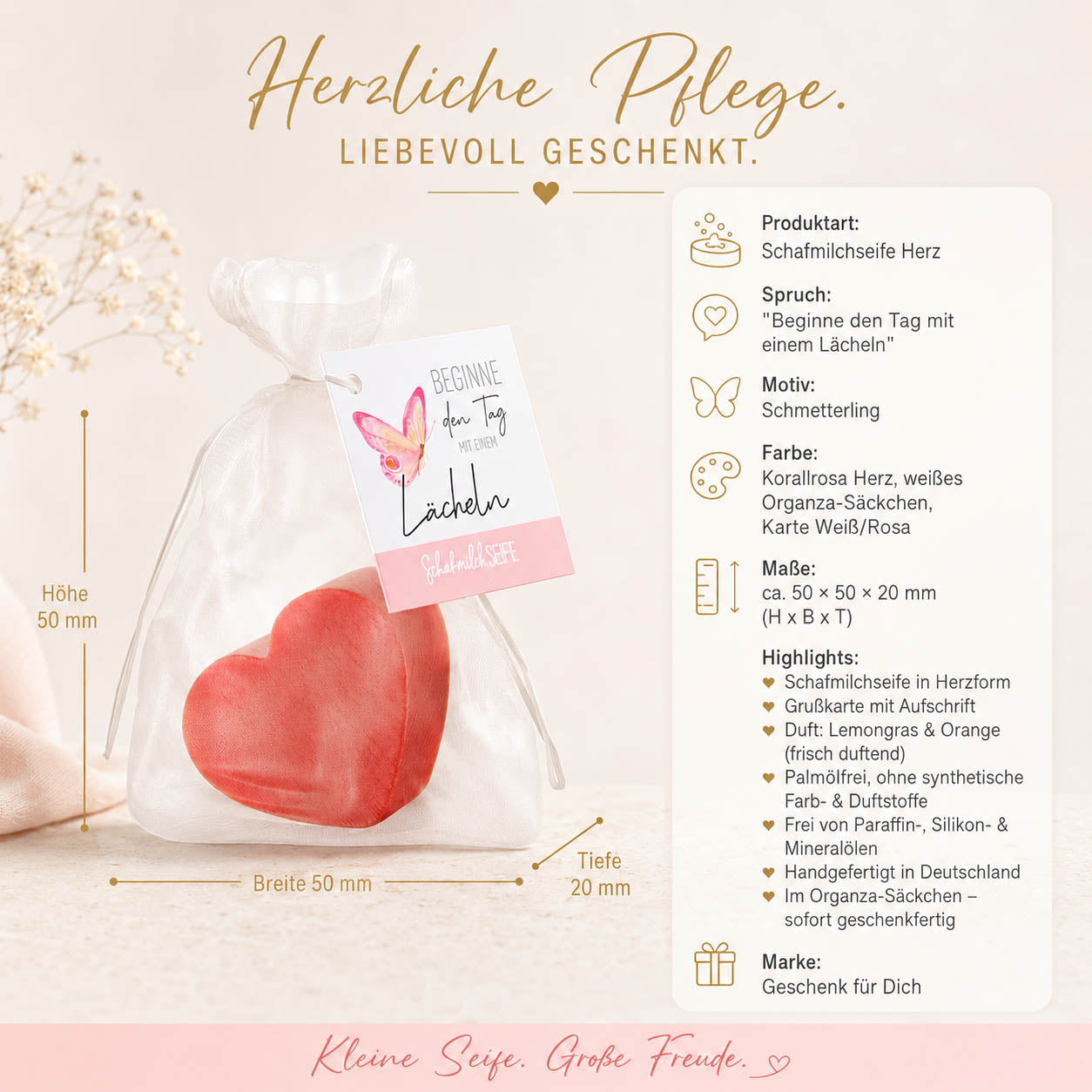 Schafmilchseife Herz »Beginne den Tag mit einem Lächeln« – Produkt-Highlights, Lemongras & Orange, palmölfrei