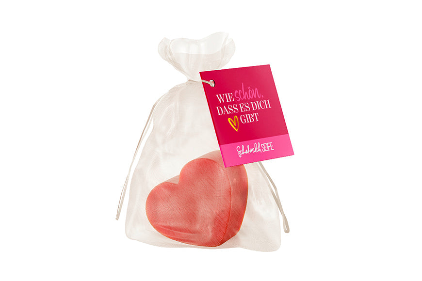 Schafmilchseife Herz »Wie schön, dass es dich gibt« – korallrosa Herz im Organza-Säckchen, pinke Herz-Karte