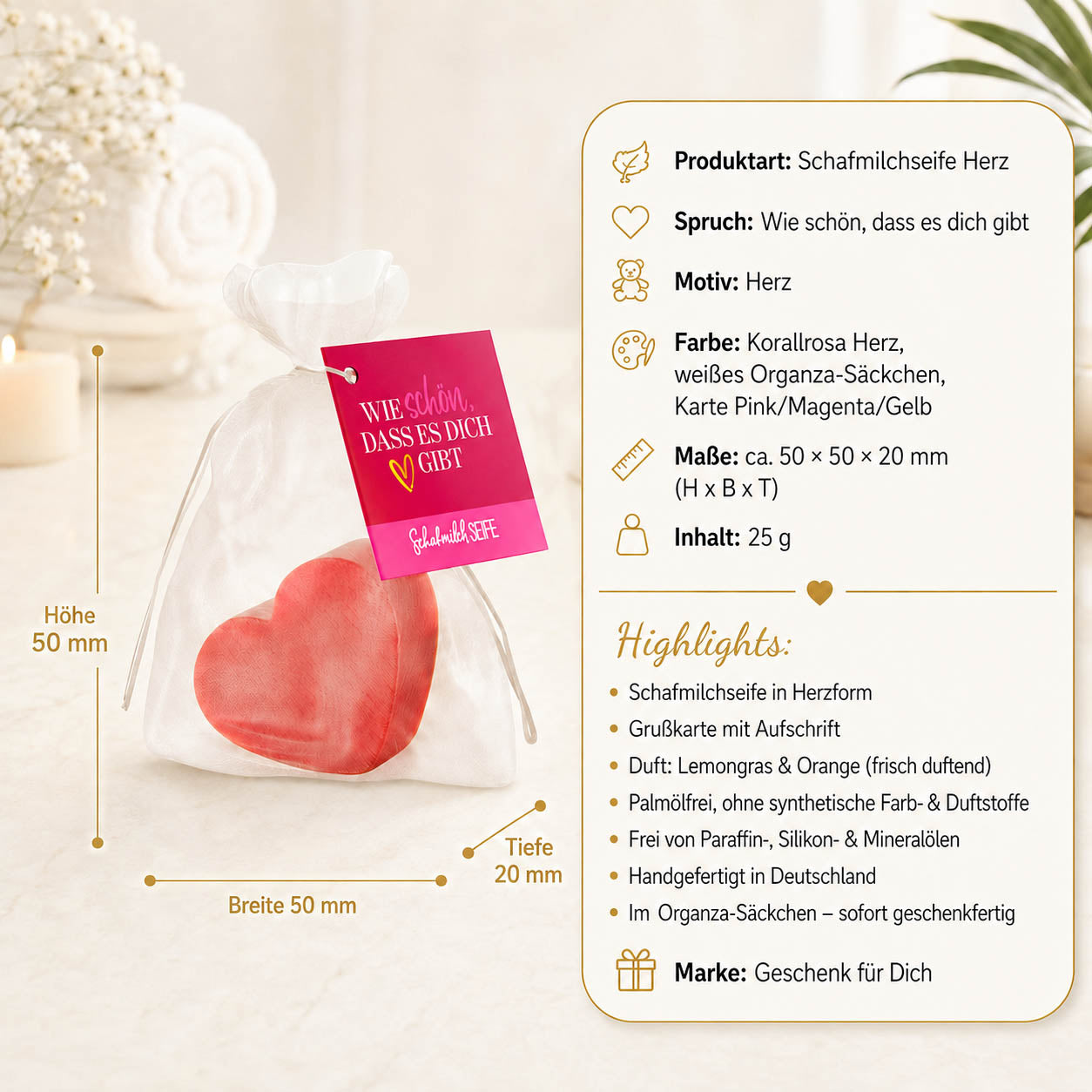 Schafmilchseife Herz »Wie schön, dass es dich gibt« – Produkt-Highlights, Lemongras & Orange, palmölfrei
