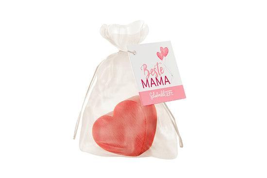 Schafmilchseife Herz »Beste Mama« – korallrosa Herz im Organza-Säckchen, Herzballons-Karte