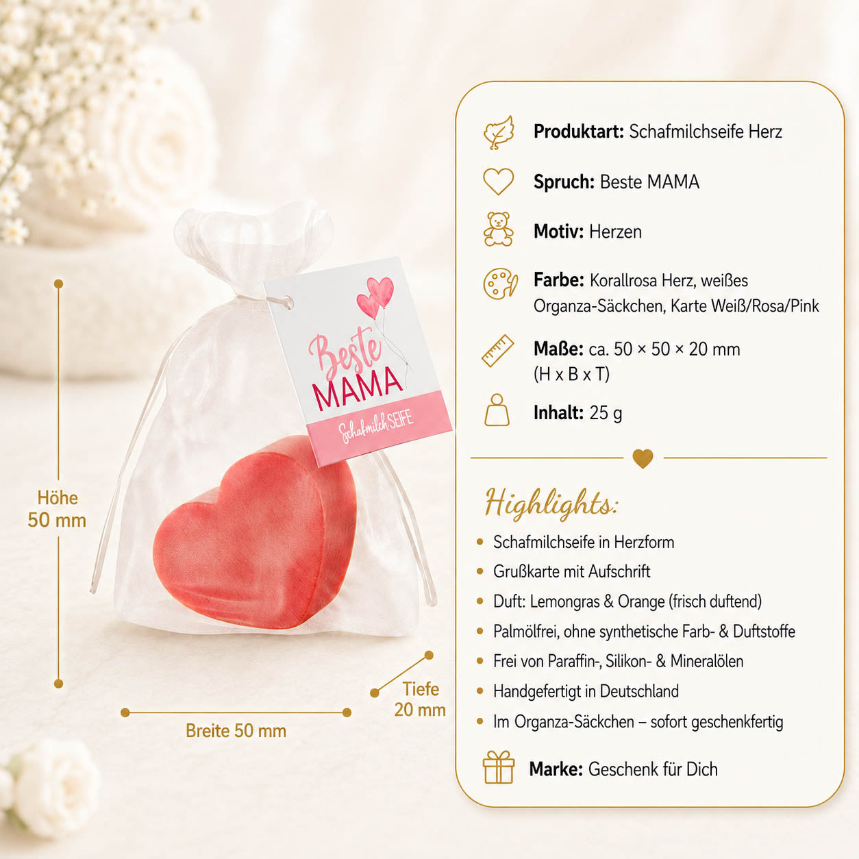 Schafmilchseife Herz »Beste Mama« – Produkt-Highlights, Lemongras & Orange, palmölfrei