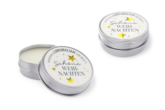 Lippenbalsam „Schöne Weihnachten“ – Naturkosmetik im weißen Metalldöschen mit goldenen Sternen