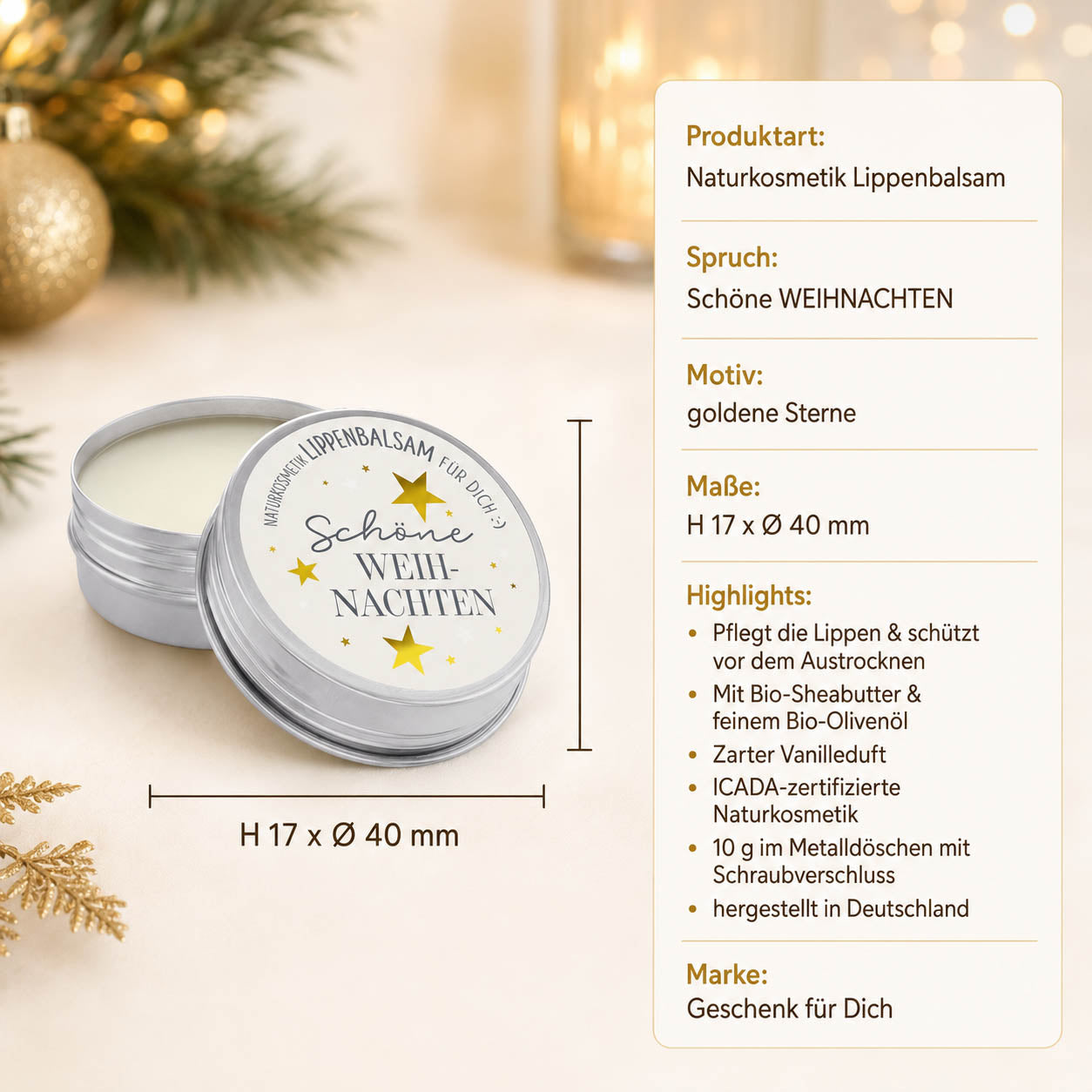 Lippenbalsam „Schöne Weihnachten“ – Highlights: 10 g, Vanille, Bio-Sheabutter, ICADA-Naturkosmetik