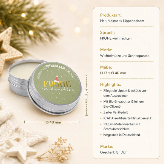 Lippenbalsam „Frohe Weihnachten“ – Highlights: 10 g, Vanille, Bio-Sheabutter, ICADA-Naturkosmetik