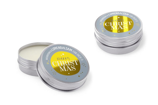 Lippenbalsam „Merry Christmas“ – Naturkosmetik im grauen Metalldöschen mit goldener Weihnachtskugel