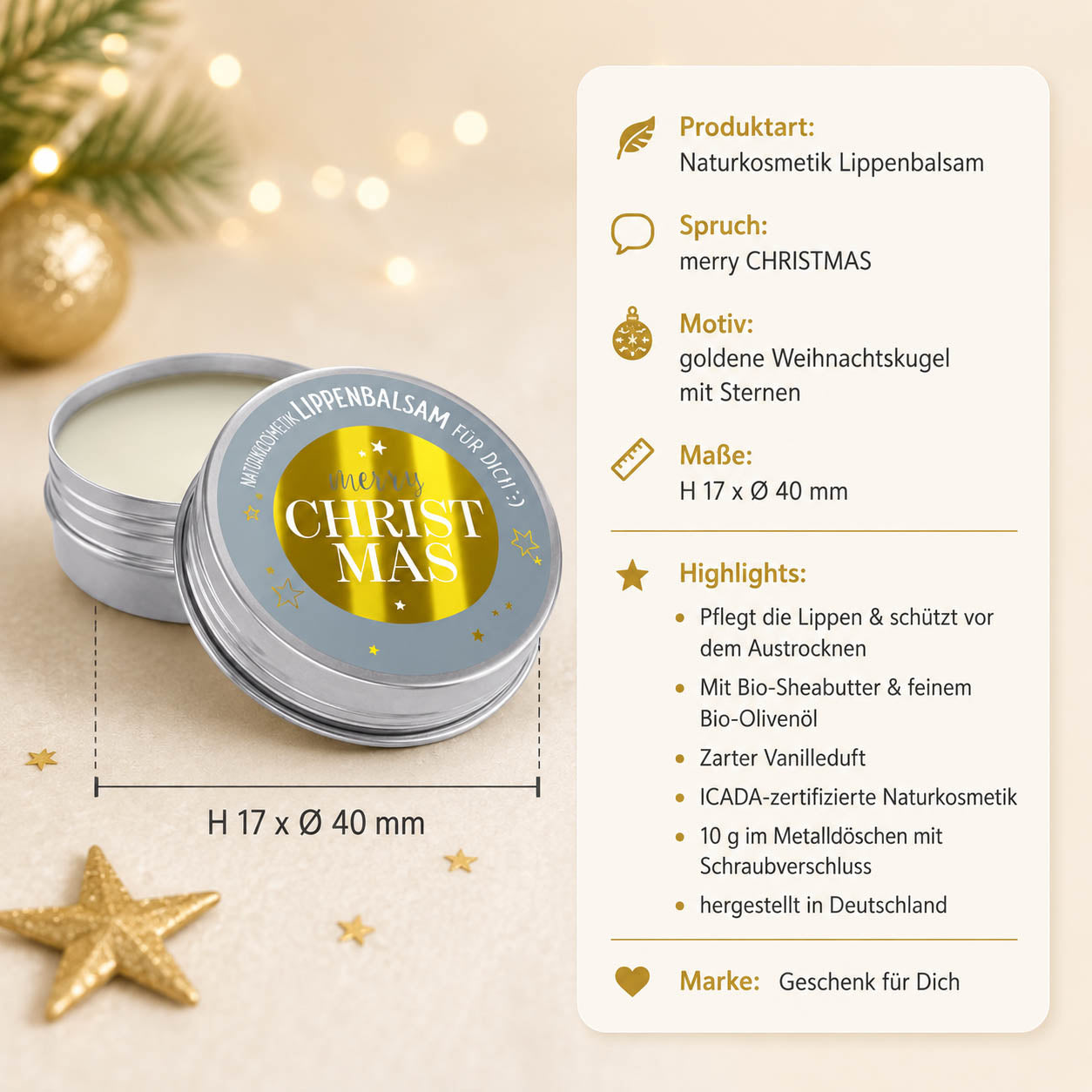 Lippenbalsam „Merry Christmas“ – Highlights: 10 g, Vanille, Bio-Sheabutter, ICADA-Naturkosmetik