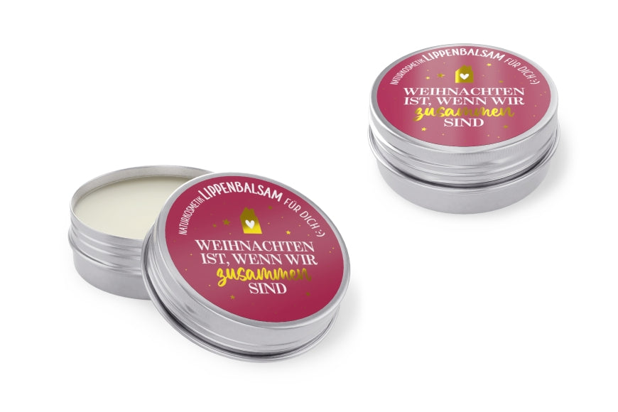 Lippenbalsam „Weihnachten ist, wenn wir zusammen sind“ – Naturkosmetik im beerfarbenen Metalldöschen mit goldenen Sternen
