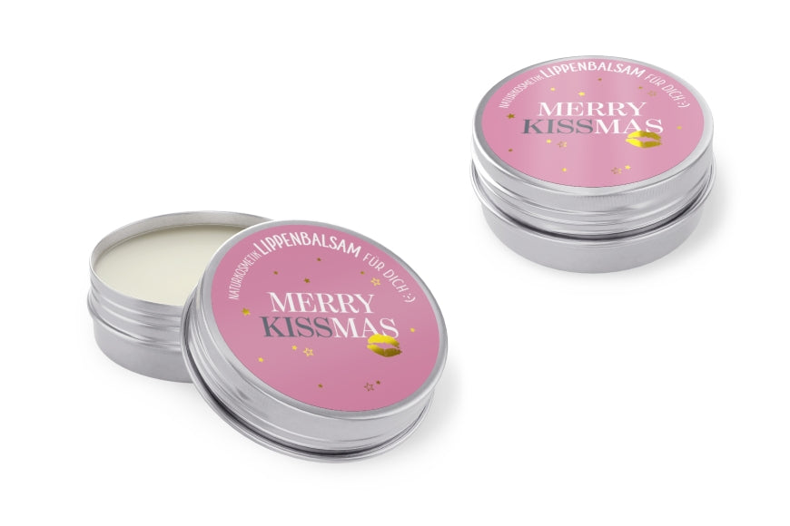 Naturkosmetik Lippenbalsam Merry Kissmas, geöffnetes silbernes Metalldöschen mit rosa Deckel und goldenem Kussmund, 10 g – Geschenk für Dich