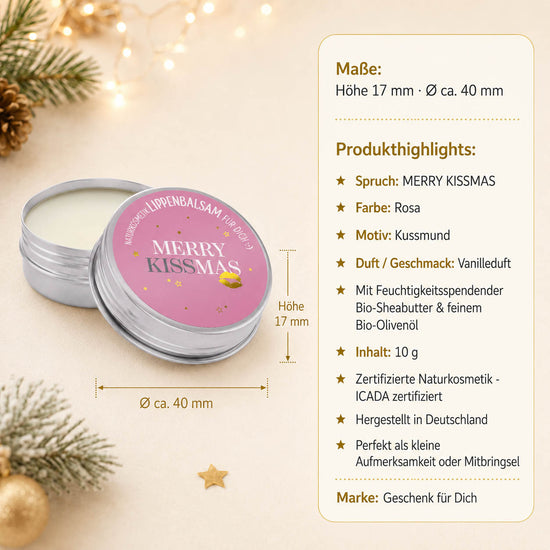 Lippenbalsam Merry Kissmas – Produkthighlights, Höhe 17 mm Ø 40 mm, Vanilleduft, Bio-Sheabutter, ICADA-zertifiziert