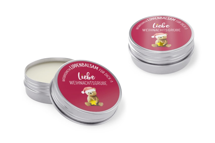 Naturkosmetik Lippenbalsam Liebe Weihnachtsgrüße mit Bär-Motiv, rotpinker Deckel, 10 g – Geschenk für Dich